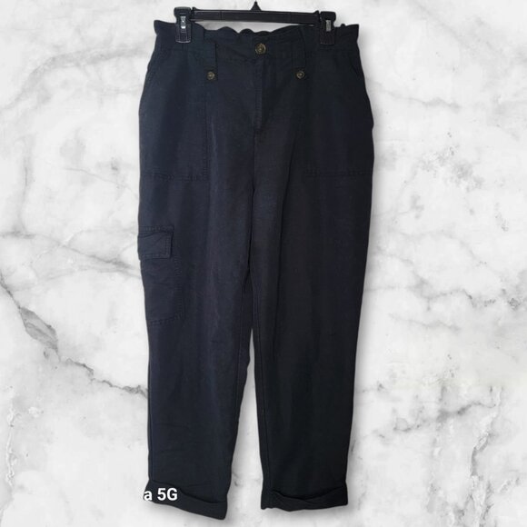 Popsugar pants cargo women's med black bottom cuff elastic waist‎ brown buttons - Picture 1 of 10